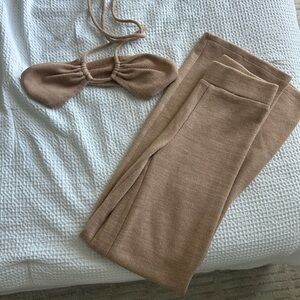 White Fox Boutique Ribbed Knit Palazzo Pants and Bow Top Set in Camel